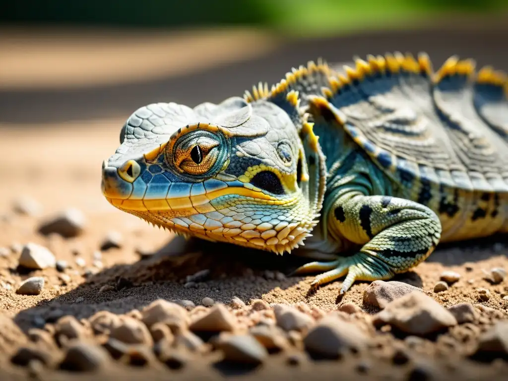 Imagen impactante de un reptil deshidratado en su hábitat natural, destacando la importancia del tratamiento deshidratación reptiles