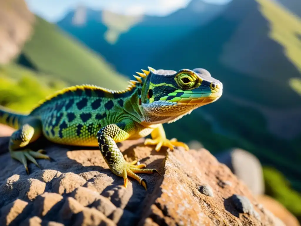 Imagen impactante de un reptil de montaña, su escamosa piel brilla al sol, resaltando su entorno natural