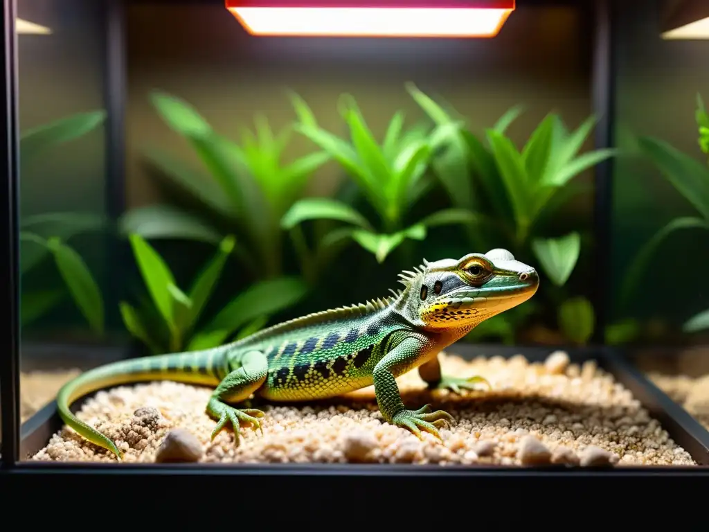 Imagen impactante de un reptil bajo una lámpara de calor en terrario natural