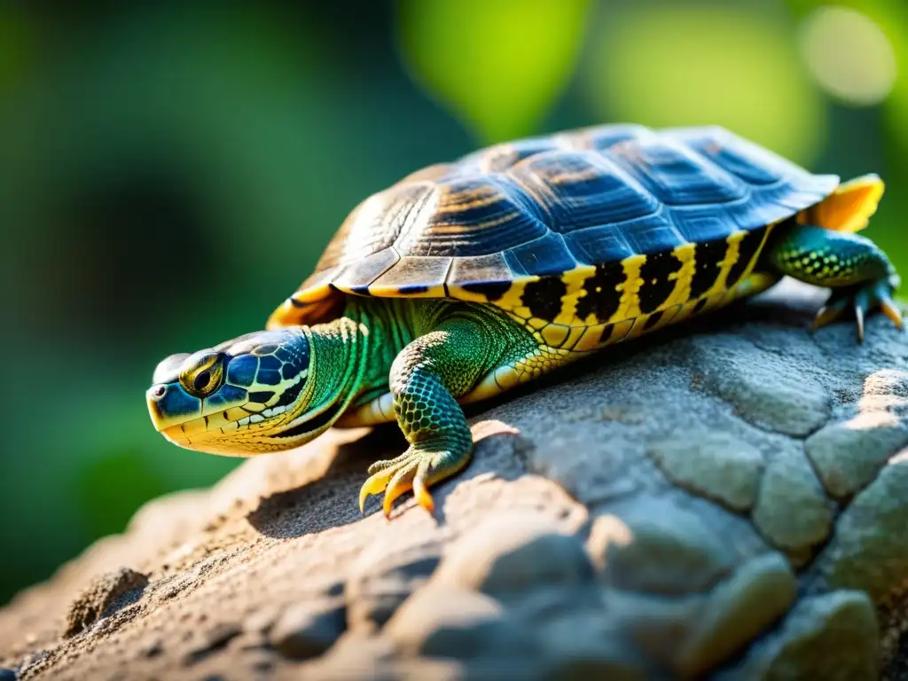 Imagen impactante de un reptil descansando en una roca en su hábitat natural, transmitiendo empatía en reptiles y anfibios