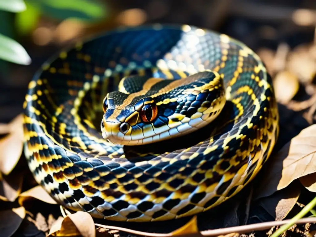 Imagen impactante de un reptil venenoso en el bosque, sus escamas brillan bajo la luz del sol