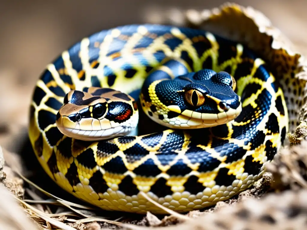 Imagen impactante de un reptil vivíparo dando a luz, con escamas detalladas y mirada intensa