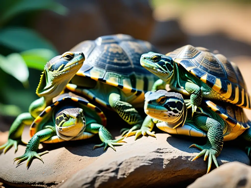 Imagen impactante de reptiles en comportamiento lúdico, con detalles asombrosos de escamas y expresiones