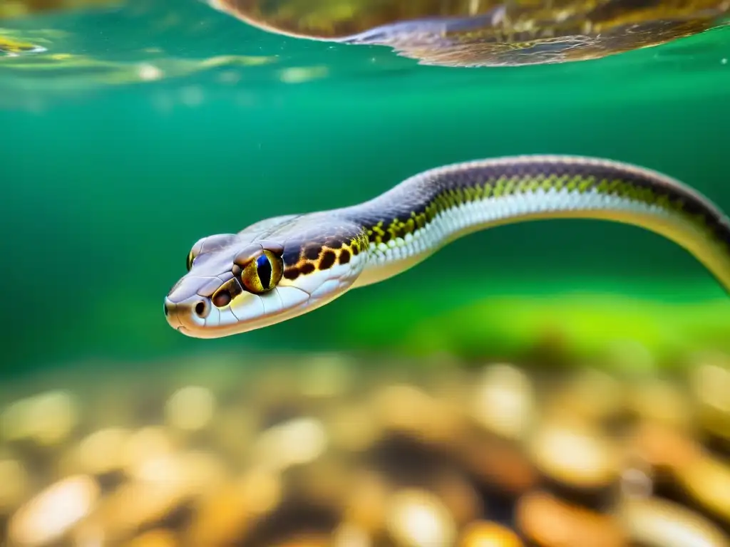 Imagen impactante de una serpiente de agua dulce nadando con gracia entre plantas acuáticas, reflejando armonía y conservación serpientes agua dulce