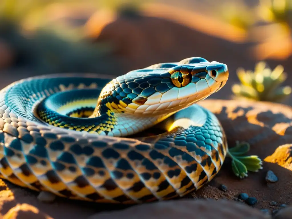 Imagen impactante de una serpiente en el desierto, sus escamas reflejan la luz del sol