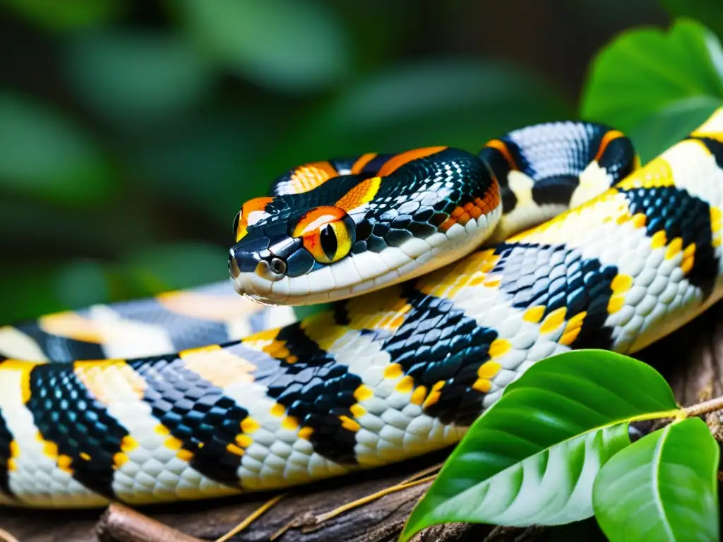 Imagen impactante de una serpiente rey adaptándose a ecosistemas no nativos, mostrando sus vibrantes patrones y alerta en su nuevo hábitat exuberante