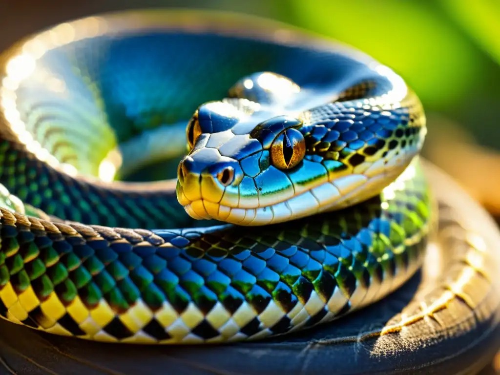 Imagen impactante de una serpiente enroscada con patrones de escamas brillantes, transmitiendo poder y misterio en un entorno natural