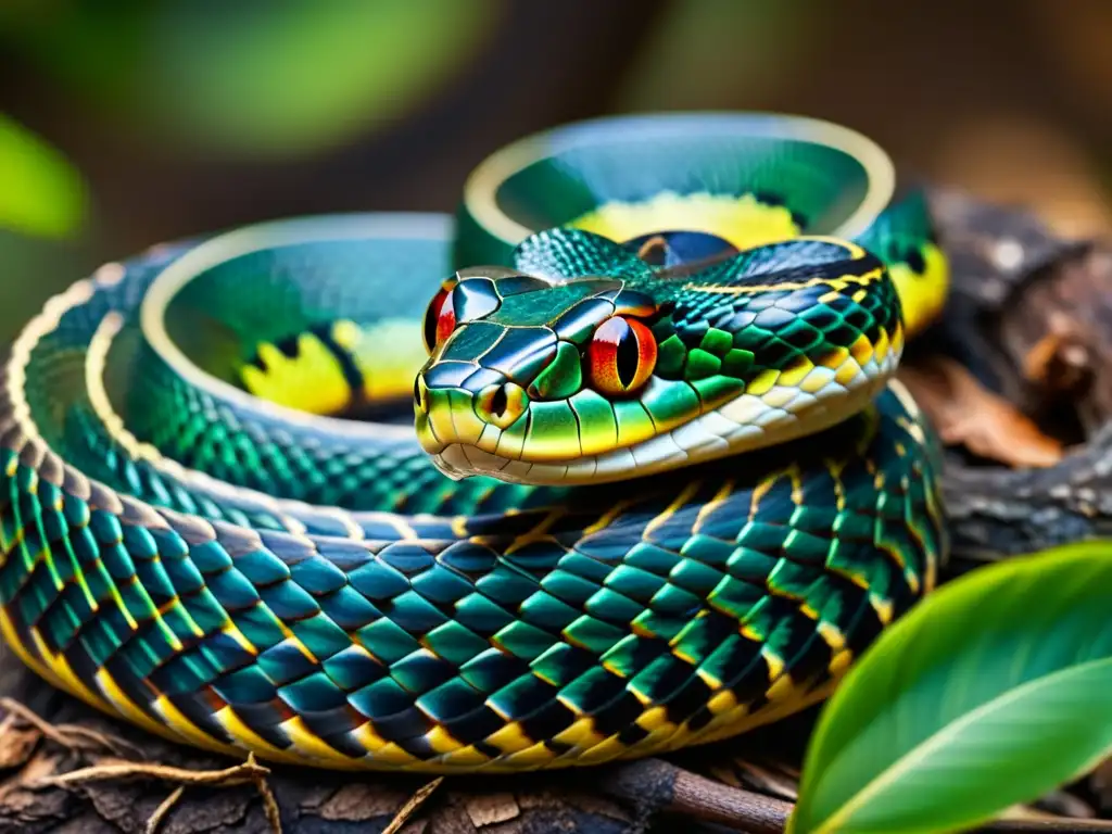 Imagen impactante de una serpiente enroscada en una rama, con escamas detalladas y textura de la corteza