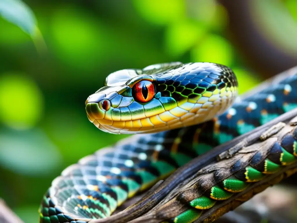 Imagen impactante de una serpiente enroscada en una rama, destacando su piel y colores vibrantes