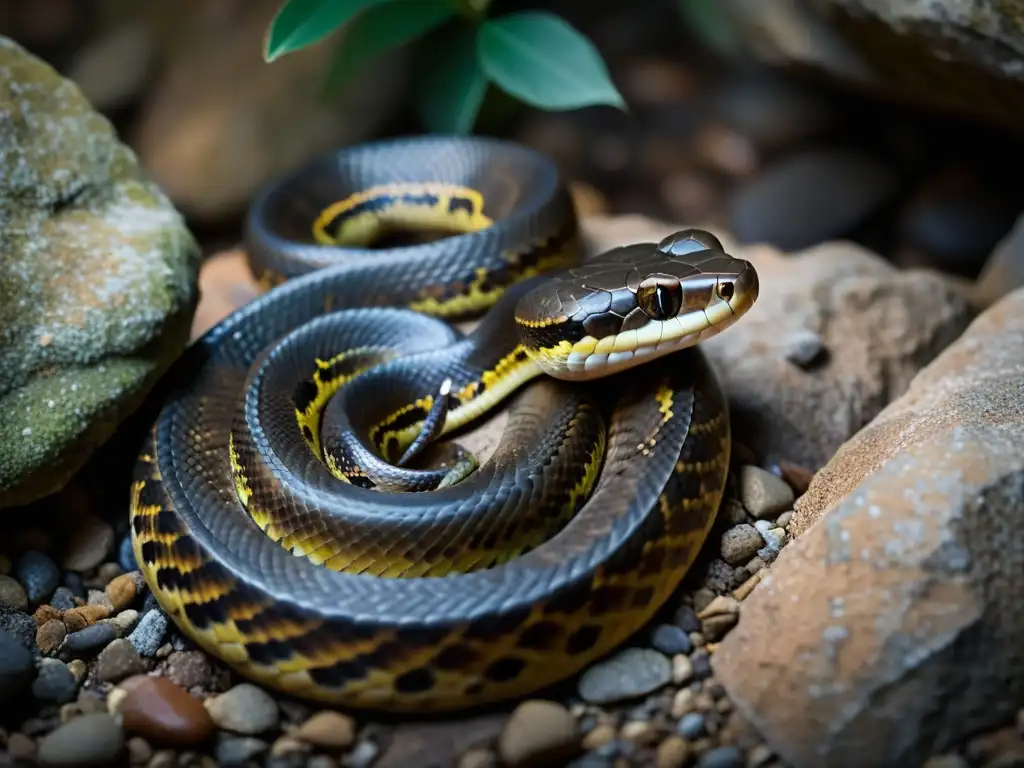 Imagen impactante de serpiente hibernando en grieta rocosa, con escamas relucientes y bruma de su respiración