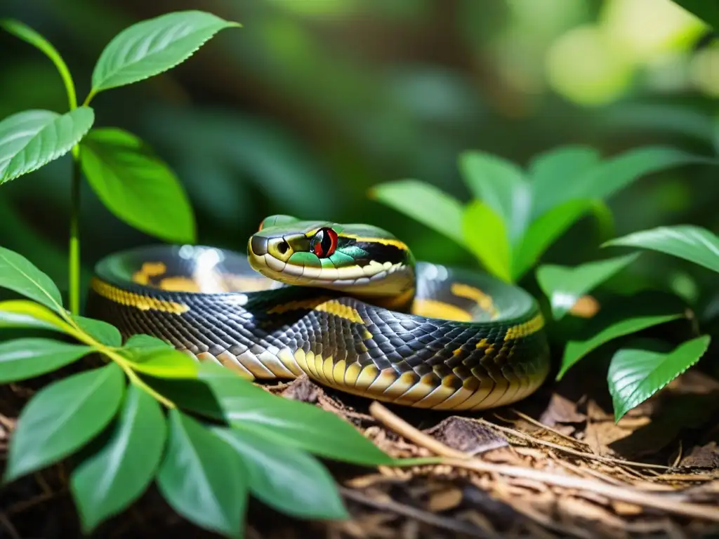 Imagen impactante de una serpiente deslizándose entre la maleza en su hábitat natural, ilustrando técnicas de desplazamiento en reptiles