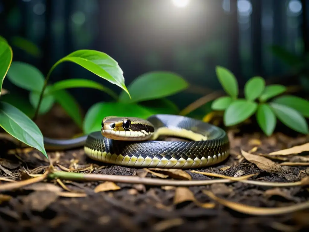 Imagen impactante de una serpiente nocturna listo para cazar en la oscuridad del bosque