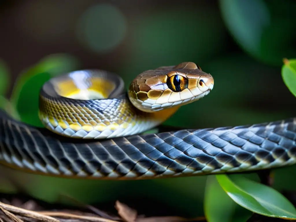 Imagen impactante de serpiente nocturna acechando presa en la oscuridad, destacando estrategias de caza nocturna reptiles