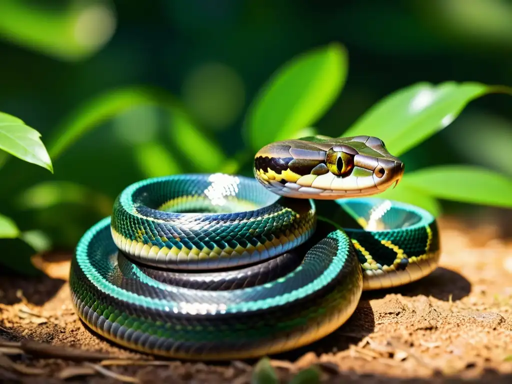 Imagen impactante de serpiente en posición de ataque, con escamas iridiscentes y entorno natural