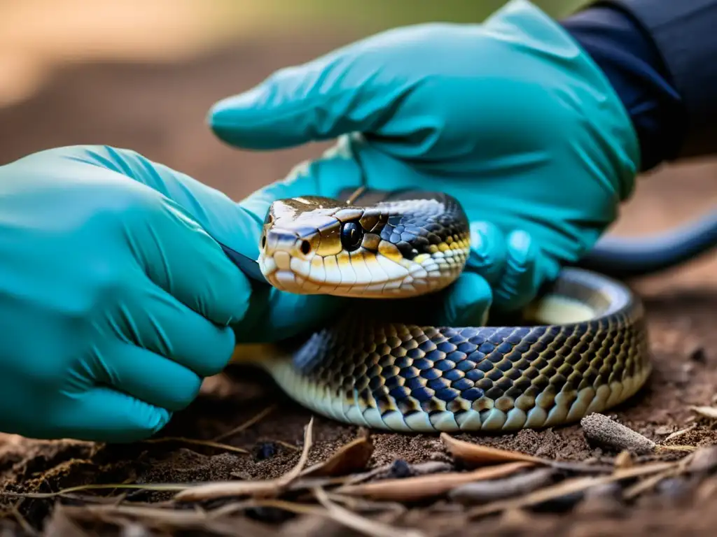 Imagen impactante de una serpiente venenosa mordiendo la mano enguantada de un investigador, evocando la urgencia de protocolos de emergencia en mordeduras de reptiles venenosos