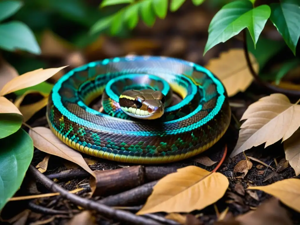 Imagen impactante de serpiente venenosa camuflada entre hojas en el bosque