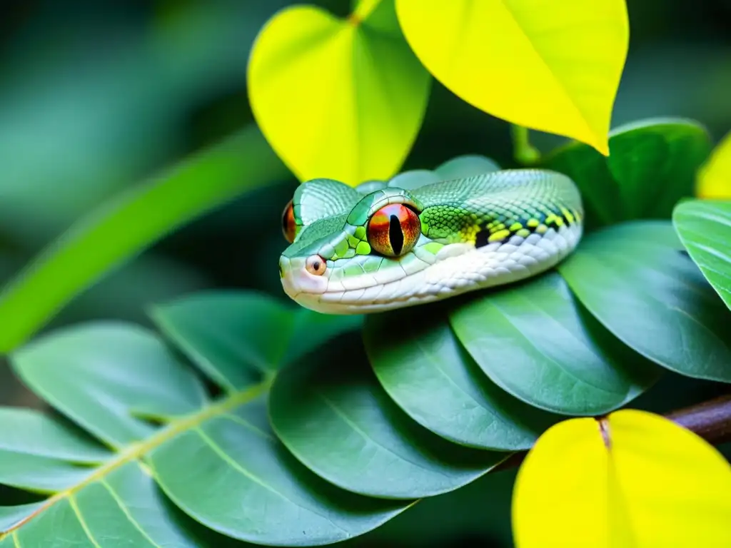 Imagen impactante de una serpiente verde enroscada en una rama entre hojas verdes, resaltando su adaptación al hábitat