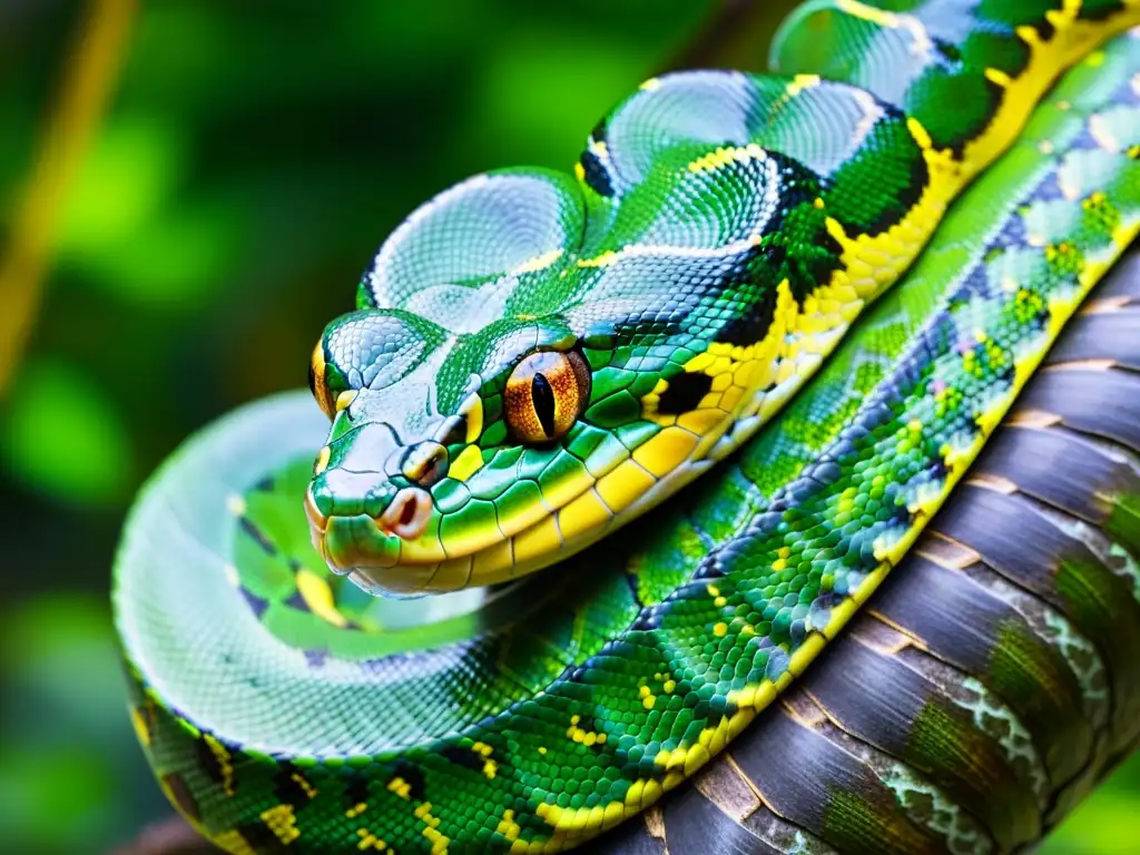 Imagen impactante de una serpiente pitón verde en su hábitat natural en la selva tropical, destacando la biodiversidad