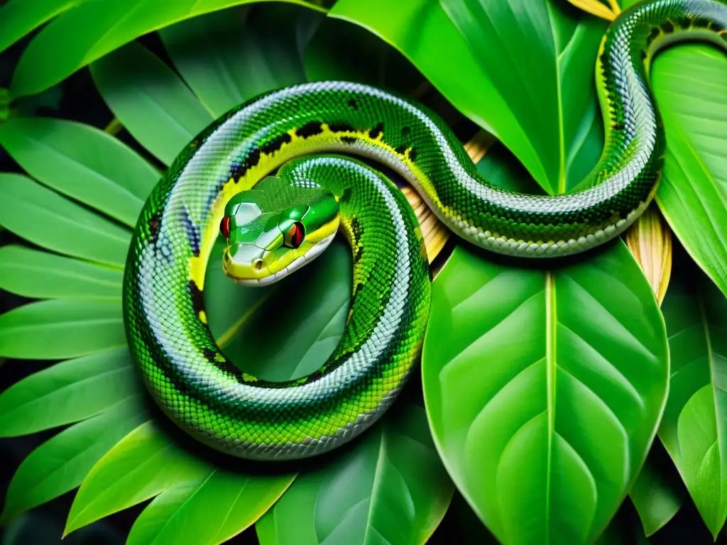 Imagen impactante de una serpiente verde en la selva, reflejando el equilibrio del hábitat y la conservación de las serpientes en su alimentación