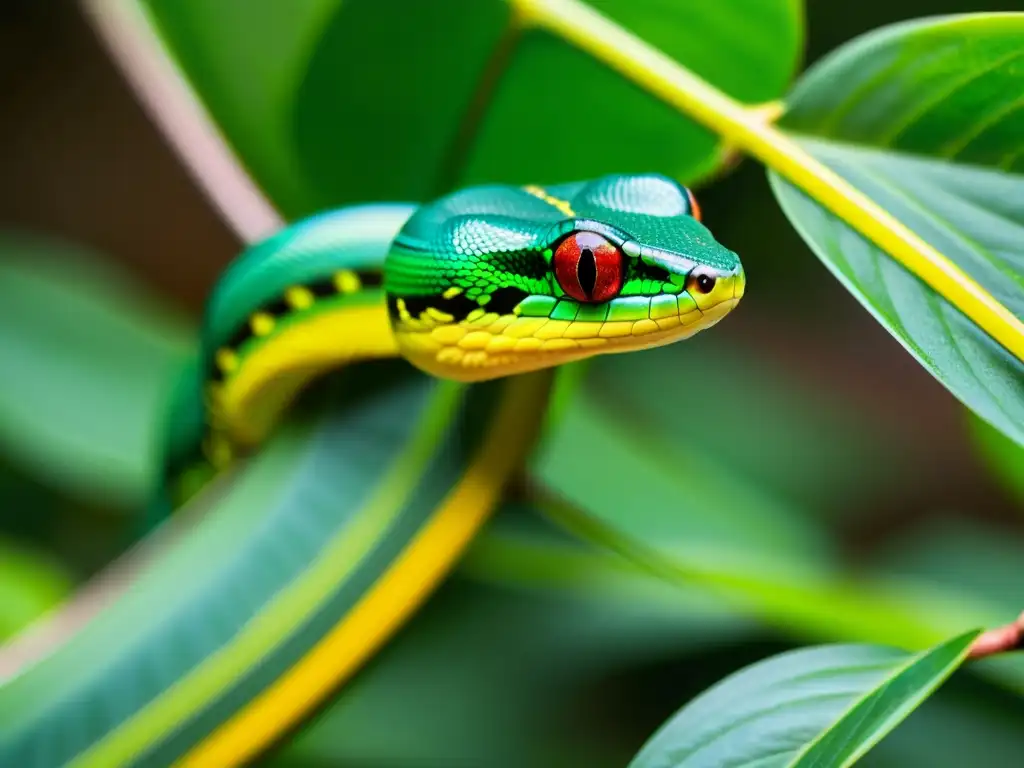 Imagen impactante de una serpiente verde en su hábitat natural, mostrando la interacción reptil-planta