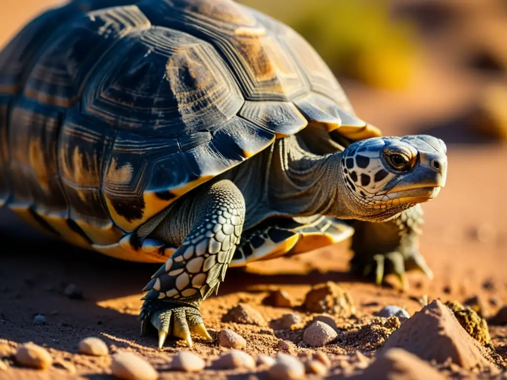 Imagen impactante de una tortuga del desierto navegando con determinación en un terreno árido