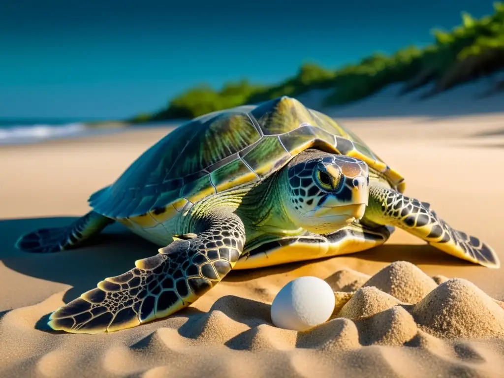 Imagen impactante de una tortuga marina hembra cuidadosamente anidando bajo la luna en la playa, resaltando el cuidado parental en reptiles y anfibios