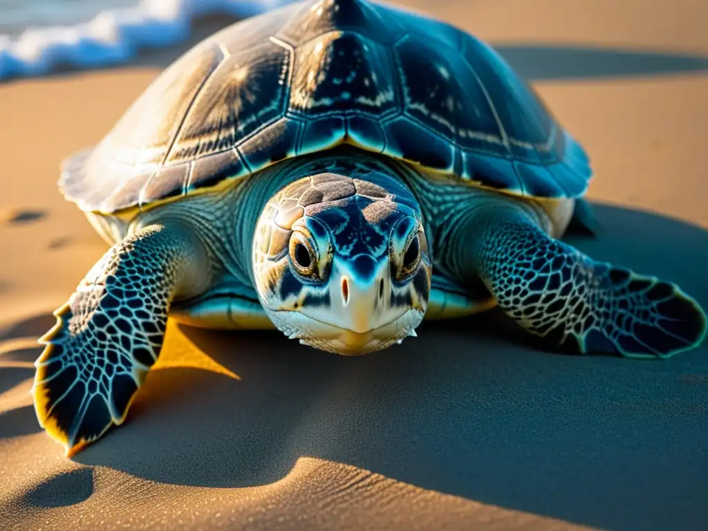 Imagen impactante de una tortuga marina Kemp's ridley en la playa, resaltando la belleza y urgencia de la conservación de reptiles en peligro