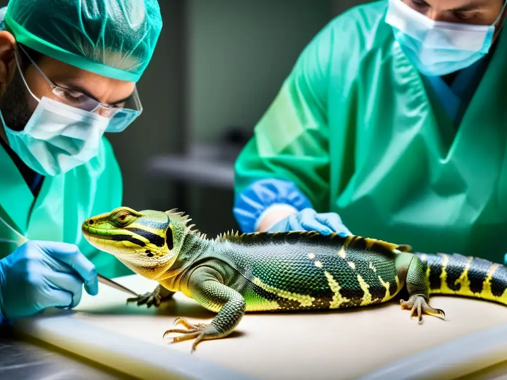 Imagen impactante de una tumorectomía en reptiles, con veterinario realizando la delicada cirugía