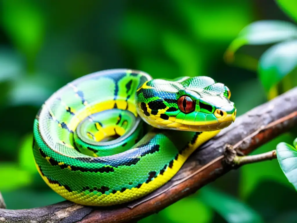 Imagen impactante de una pitón verde enredada en una rama, resaltando la belleza y la importancia de la reproducción de serpientes en cautiverio para la conservación