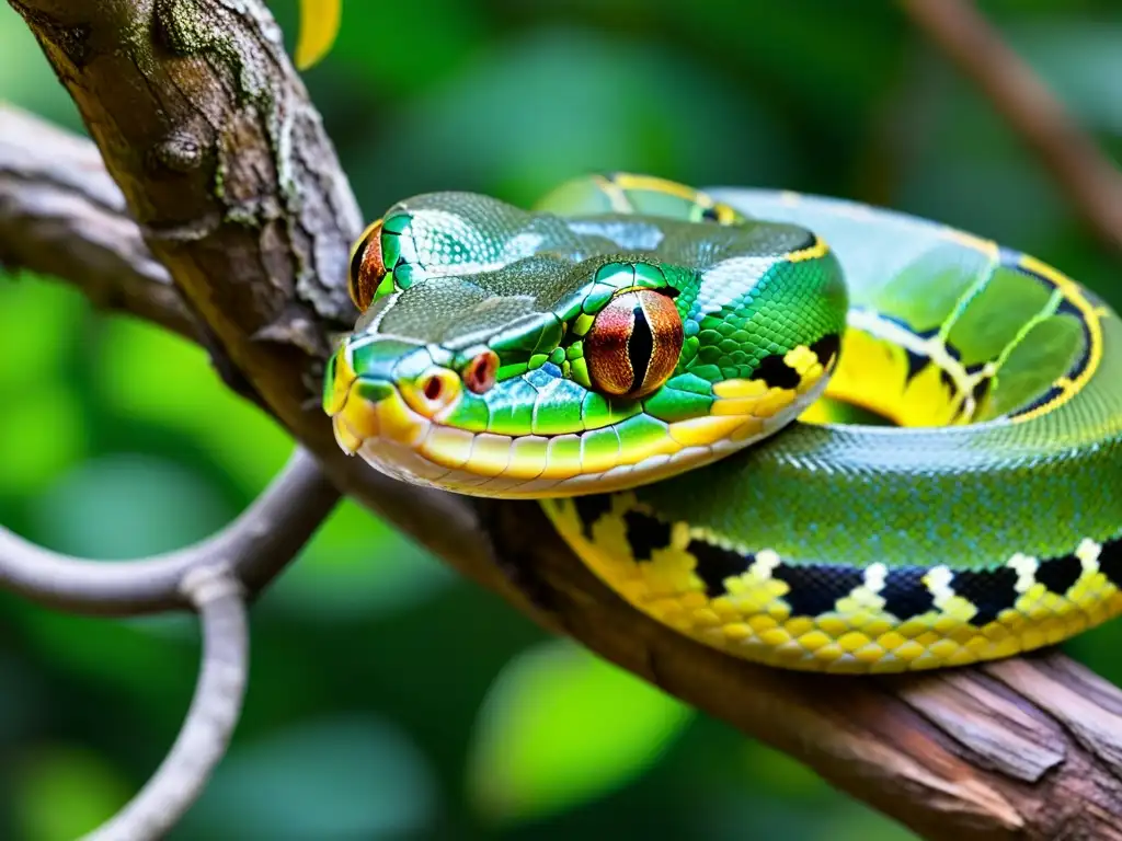 Imagen impactante de una pitón verde enroscada en un árbol, observando cautelosamente a un pájaro