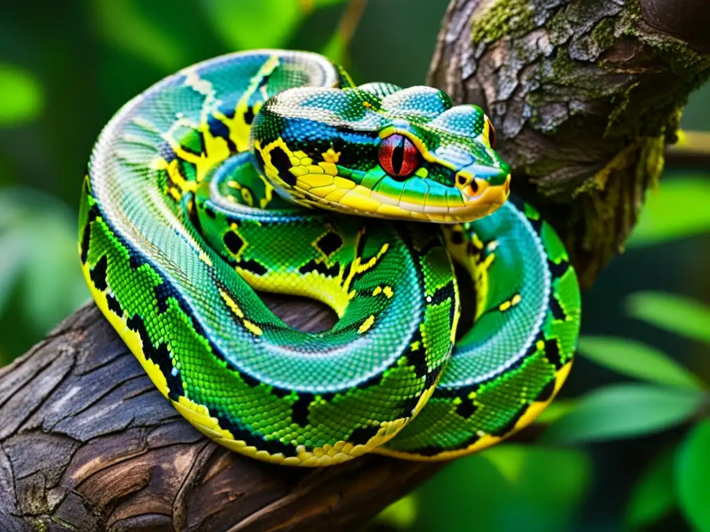 Imagen impactante de una pitón verde enroscada en una rama, con sus escamas y patrones claramente visibles