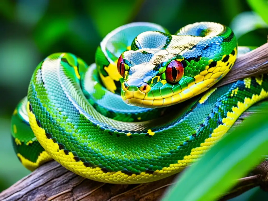 Imagen impactante de una pitón verde enroscada en una rama, con escamas vibrantes y patrones intrincados