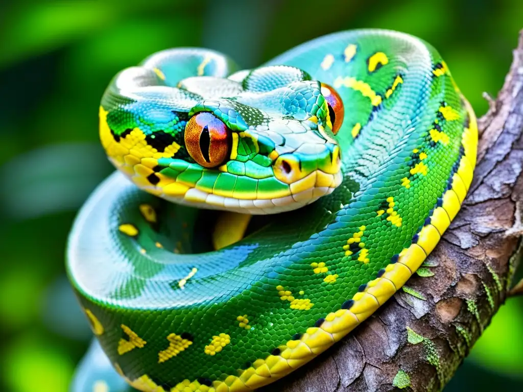 Imagen impactante de una pitón verde enroscada en un árbol, mudando su piel