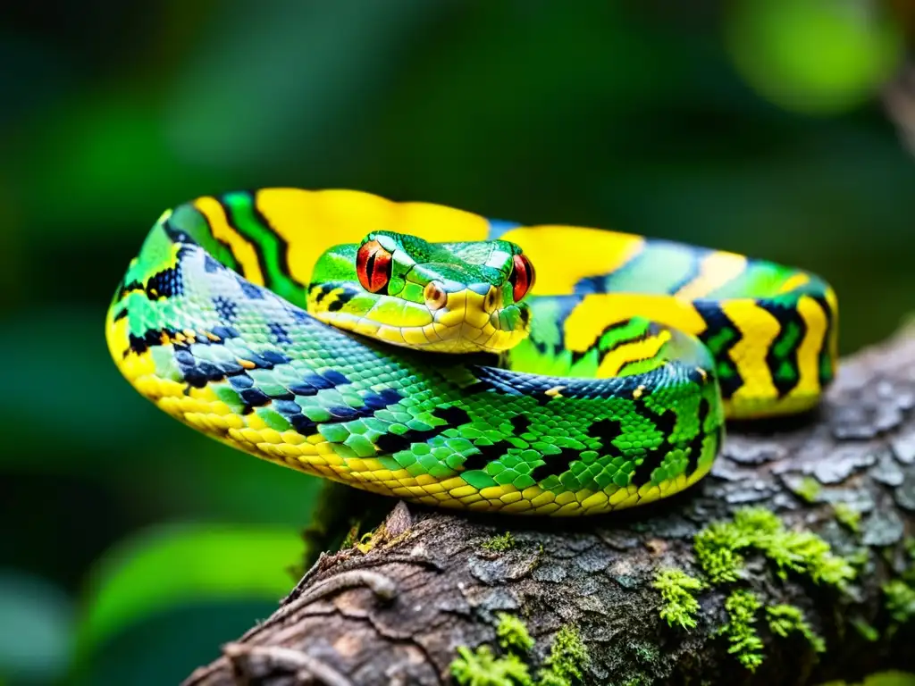 Imagen impactante de una víbora pitón verde enredada en una rama cubierta de musgo, destacando sus escamas y acentos amarillos