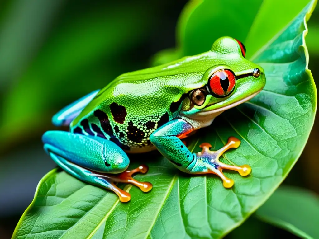 Imagen impactante de un vibrante y exótico árbol de ojos rojos en una hoja verde exuberante