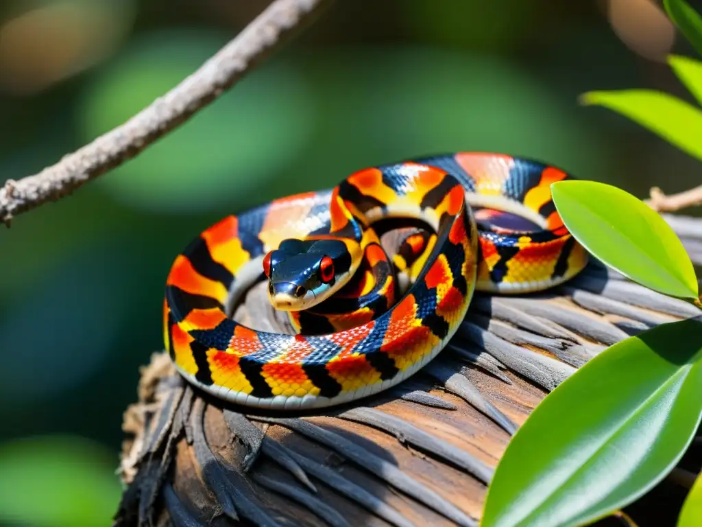 Imagen de la importancia de reptiles en manglares: serpiente roja vibrante enraizada en un árbol de manglar, resplandeciendo al sol costero