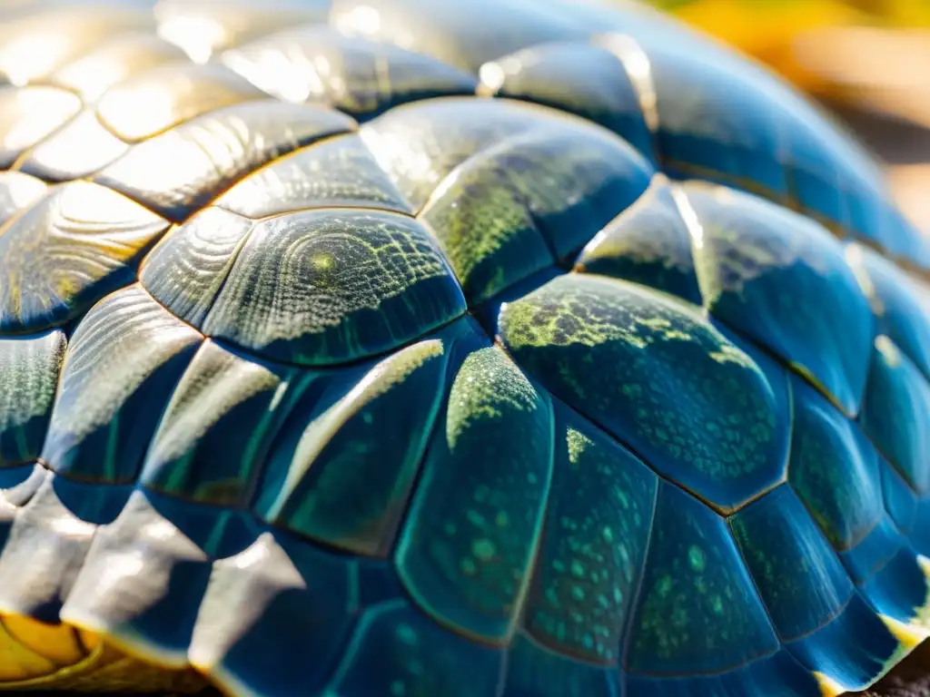 La imagen muestra la impresionante armadura de las tortugas explicada, con sus intrincados patrones y texturas resaltados por la luz solar