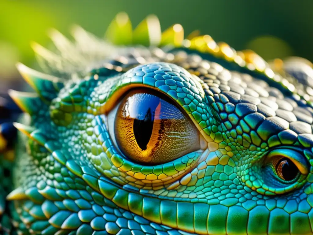 La imagen muestra la impresionante textura de las escamas y los hipnóticos ojos de un reptil, resaltando la importancia de feromonas en reptiles