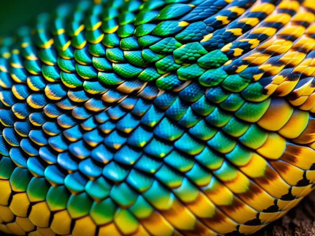 La imagen muestra de cerca las intrincadas texturas y patrones de las escamas de una serpiente venenosa, destacando su brillo irisado y color vibrante