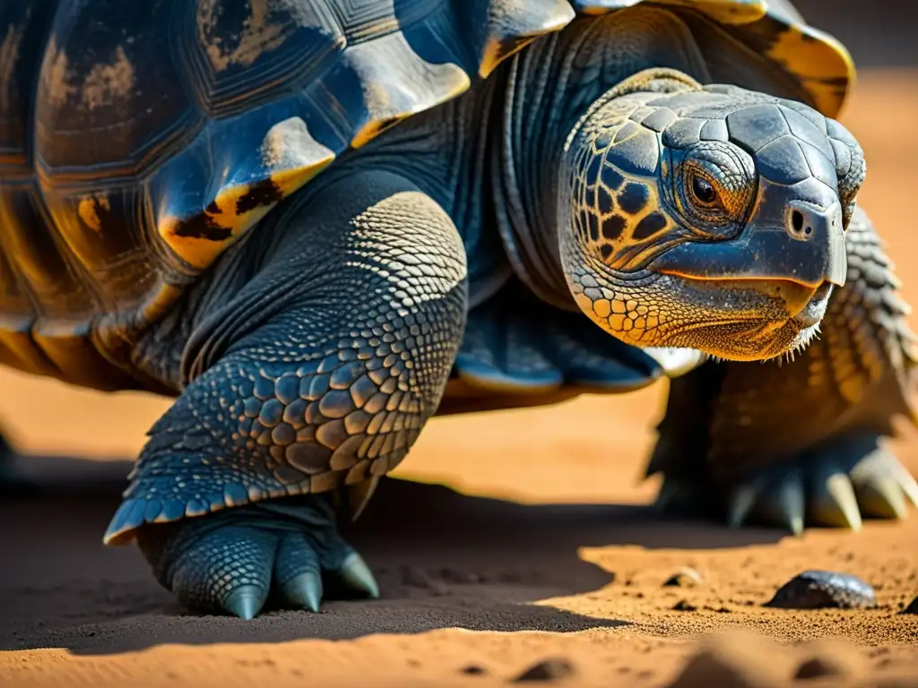 La imagen muestra los intrincados patrones en la piel de una tortuga gigante de Galápagos de 150 años, resaltando los ciclos de vida reptiles longevos