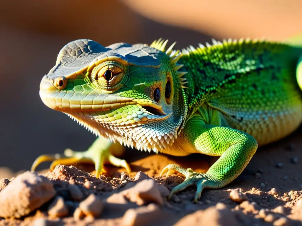 Imagen de un lagarto deshidratado en el desierto, con señales de deshidratación en lagartos como labios secos y piel arrugada