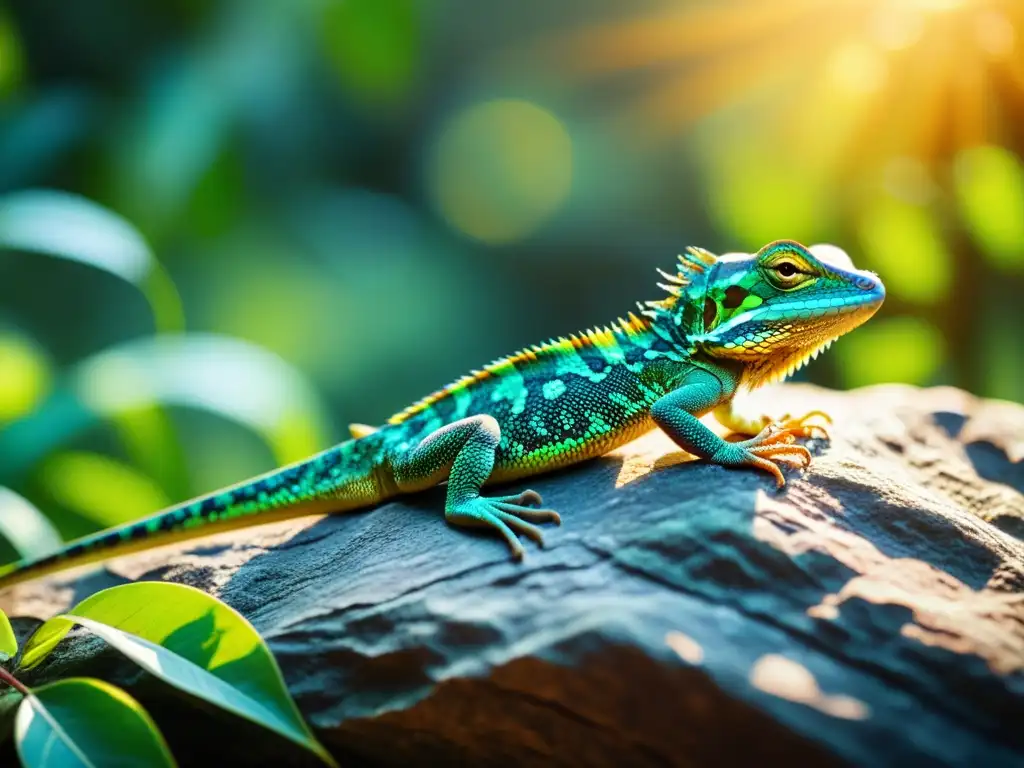 Imagen de un lagarto mitológico con escamas iridiscentes, ojos dorados y pose majestuosa en un entorno místico y antiguo