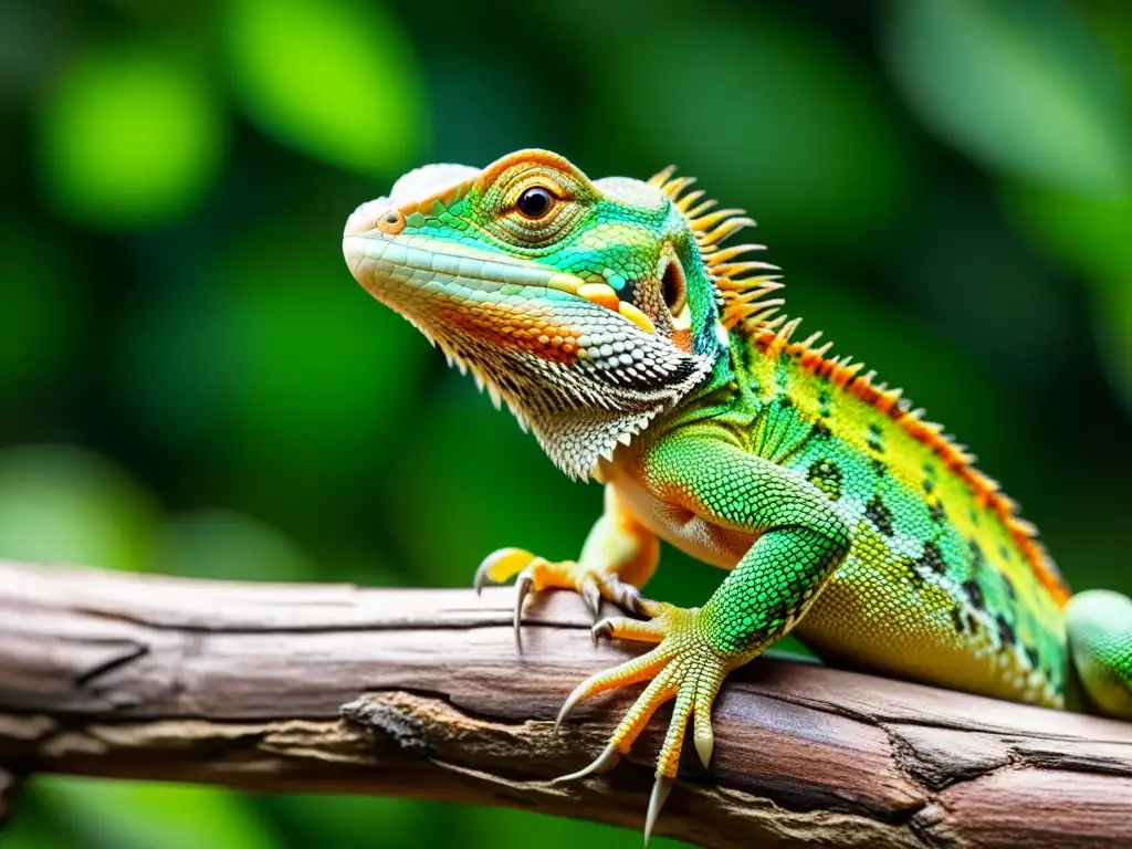 Imagen de un lagarto en rama, con escamas detalladas y colores vibrantes, destacando su adaptabilidad en la jungla