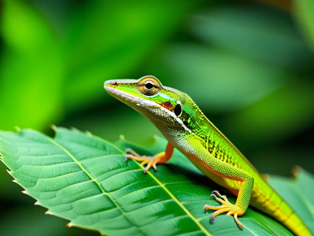 Imagen de un lagarto anolis verde en la selva tropical, reflejando la biodiversidad