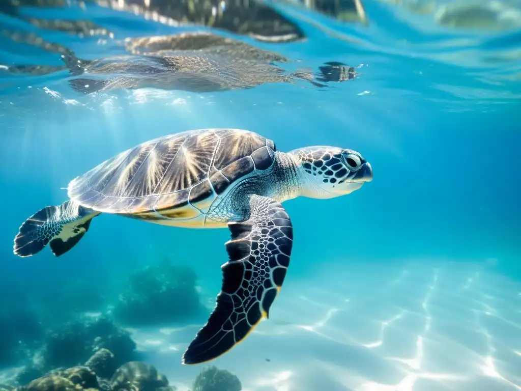 Imagen de una tortuga laúd majestuosa nadando con elegancia en las cristalinas aguas del océano, rodeada de un arrecife de coral vibrante