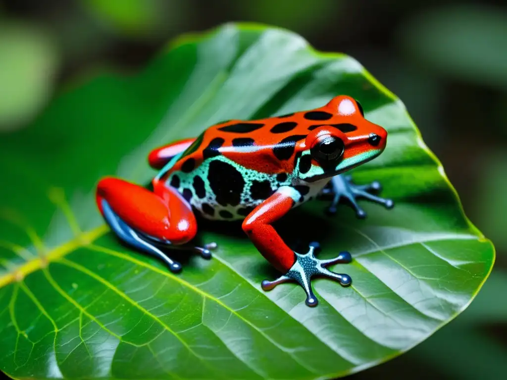 Imagen de un llamativo y colorido anfibio venenoso en la selva, ilustrando el camuflaje y aposematismo en anfibios