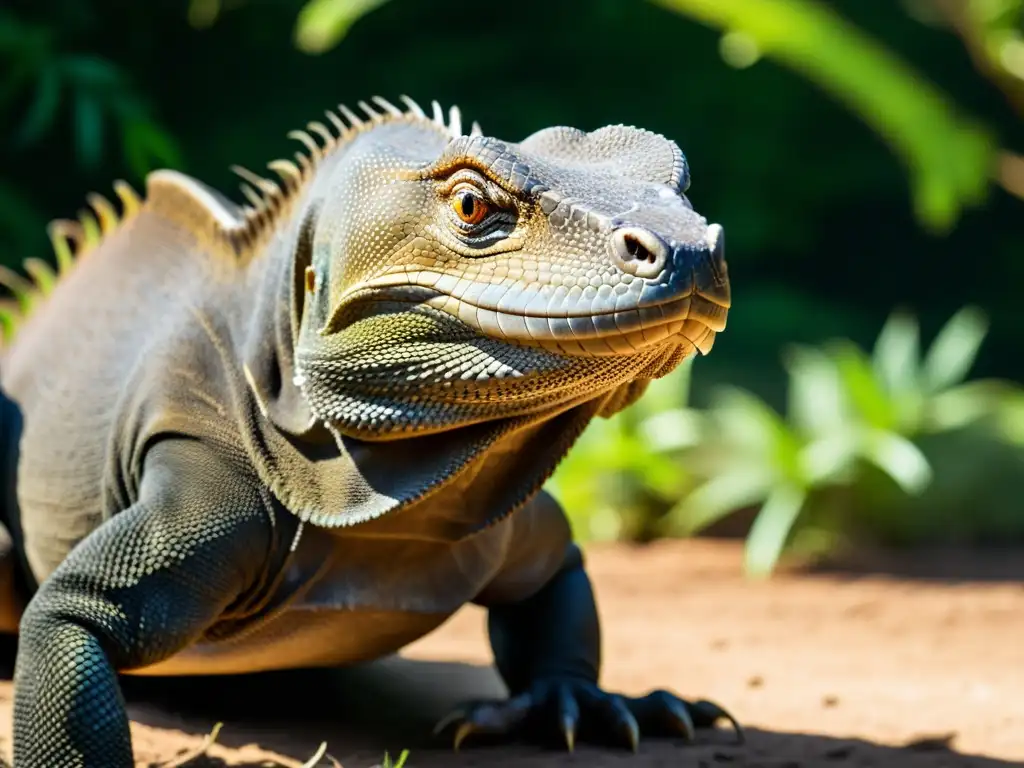 Imagen de un majestuoso dragón Komodo en su hábitat natural, con su piel escamosa y su mirada feroz