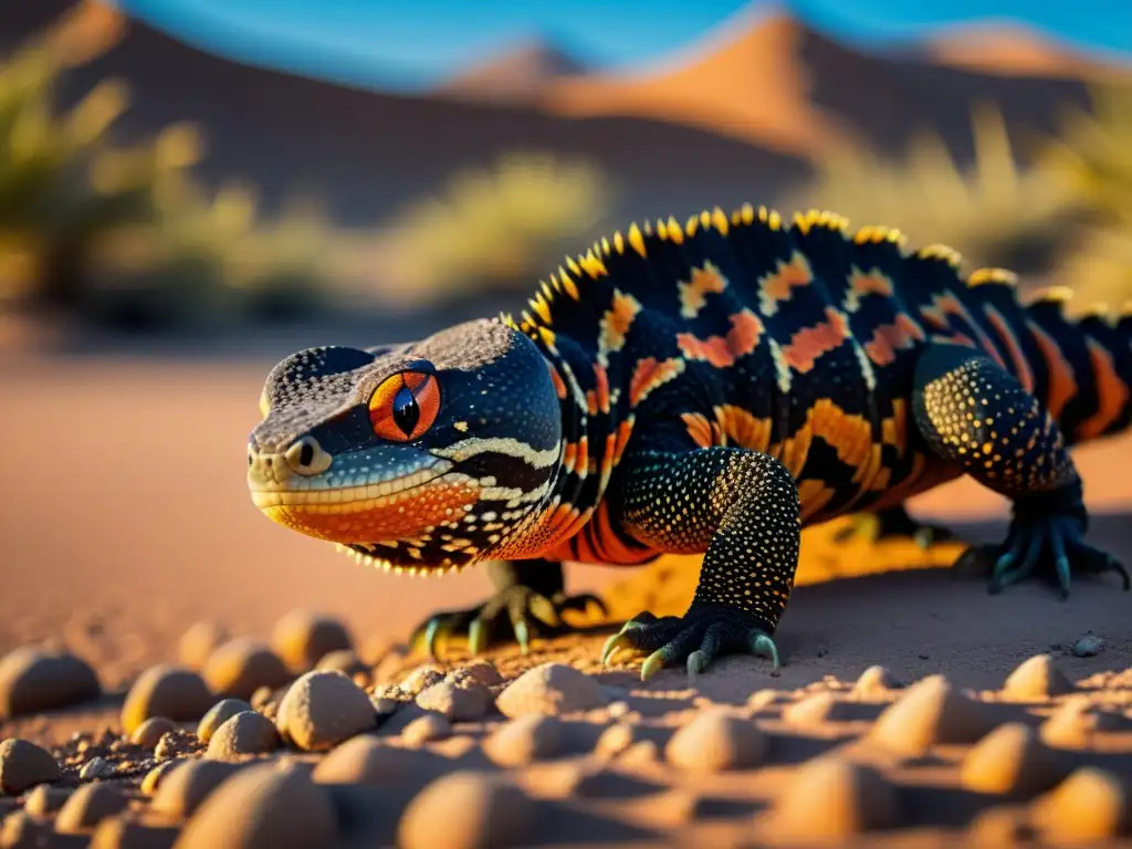 Imagen 8k de un monstruo de Gila adaptándose al árido hábitat del desierto con su patrón y coloración únicos