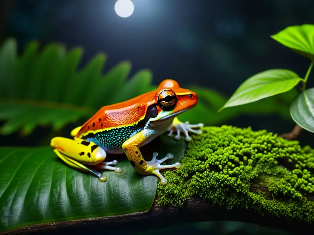 Imagen nocturna detallada de anfibios en la selva lluviosa con vida nocturna y visión nocturna, resaltando sus texturas y colores vibrantes