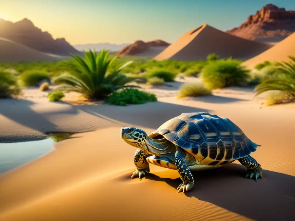 Imagen de oasis en desierto con tortuga, resaltando la importancia de los reptiles en oasis y su conservación